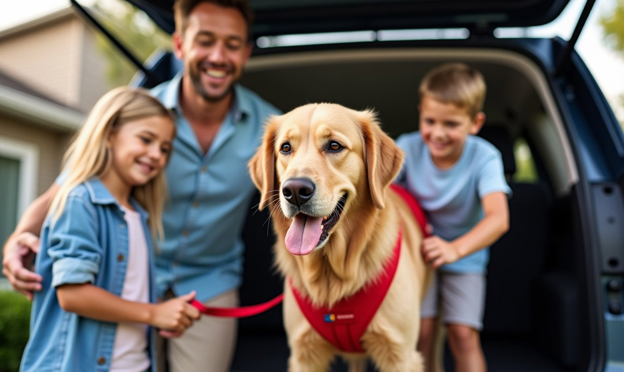 Famille sortant un chien avec un harnais de sécurité du coffre d'une voiture